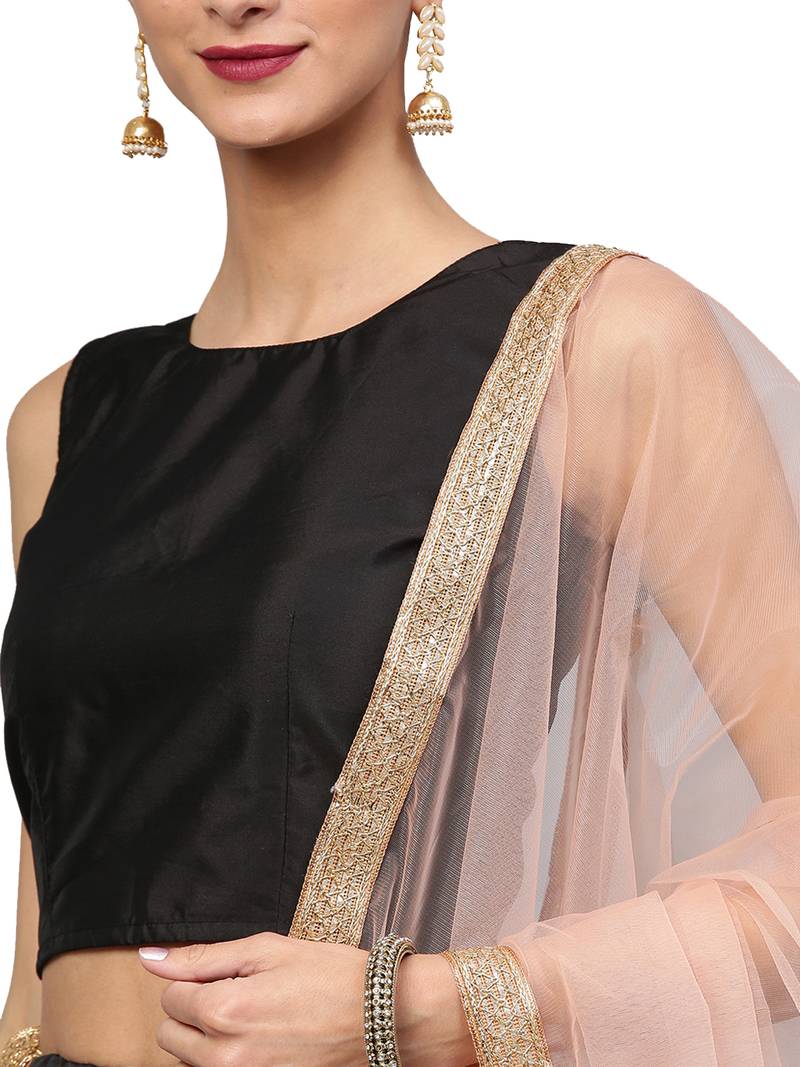 Black Tafeta Silk Embroidered Semi Stitched Lehenga With Unstitched Blouse & Dupatta