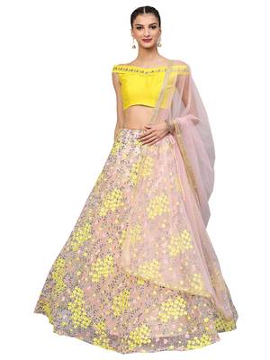 Yellow Soft Net Embroidered Semi Stitched Lehenga With Unstitched Blouse & Dupatta 1