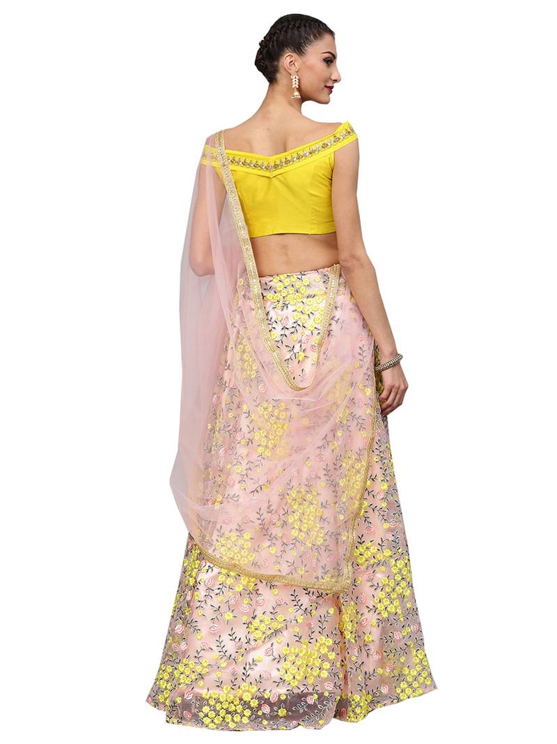 Yellow Soft Net Embroidered Semi Stitched Lehenga With Unstitched Blouse & Dupatta