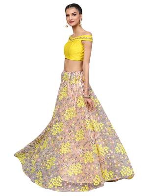 Yellow Soft Net Embroidered Semi Stitched Lehenga With Unstitched Blouse & Dupatta 3