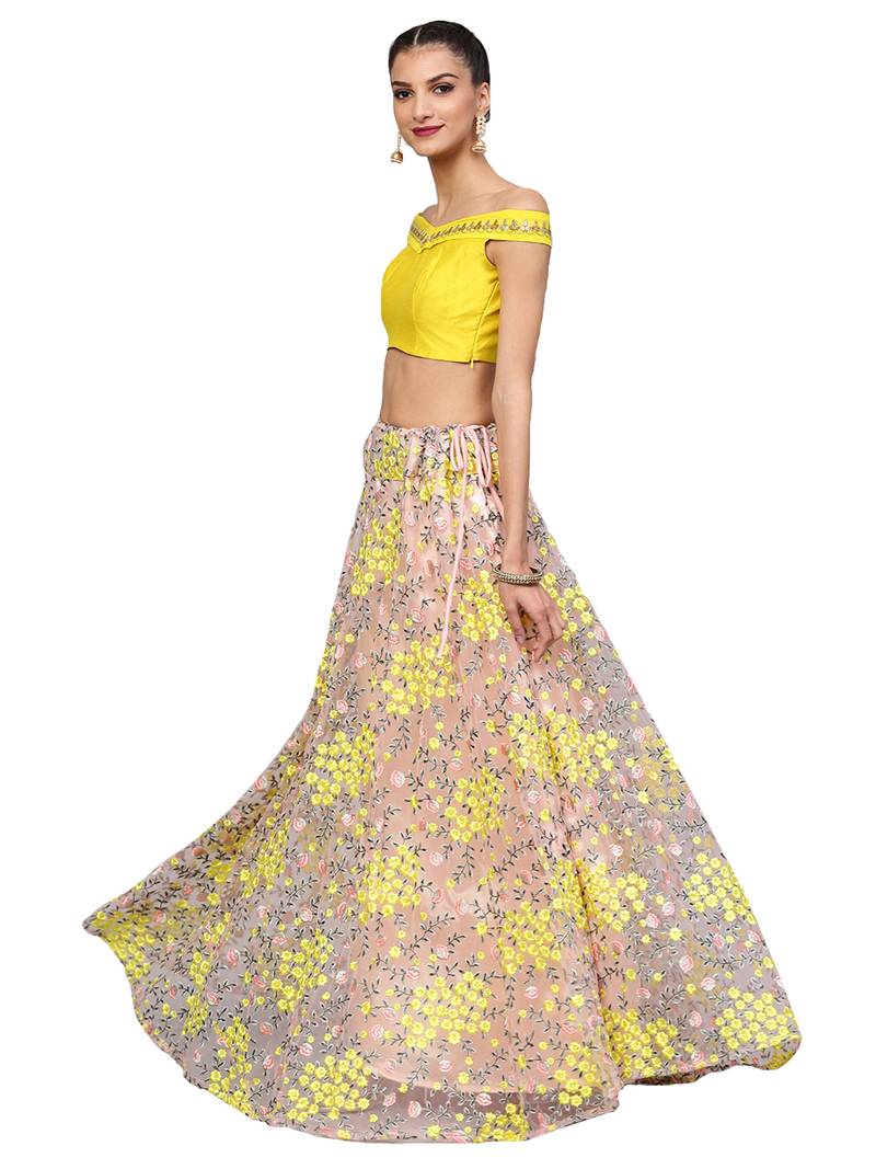 Yellow Soft Net Embroidered Semi Stitched Lehenga With Unstitched Blouse & Dupatta