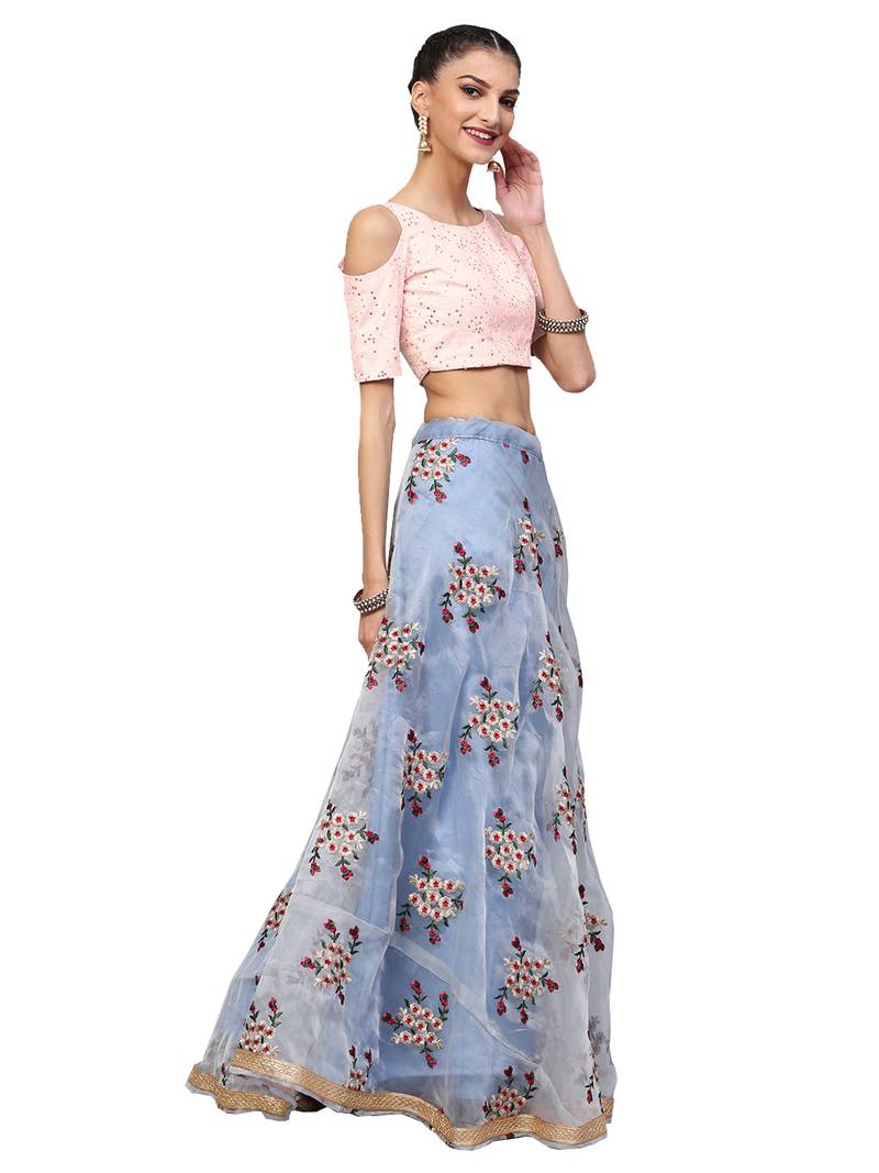 Pink Art Silk Embroidered Semi Stitched Lehenga With Unstitched Blouse & Dupatta