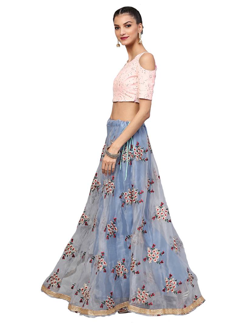 Pink Art Silk Embroidered Semi Stitched Lehenga With Unstitched Blouse & Dupatta
