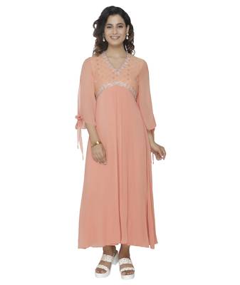 coral embroidred georgette stitched party wear gown 1