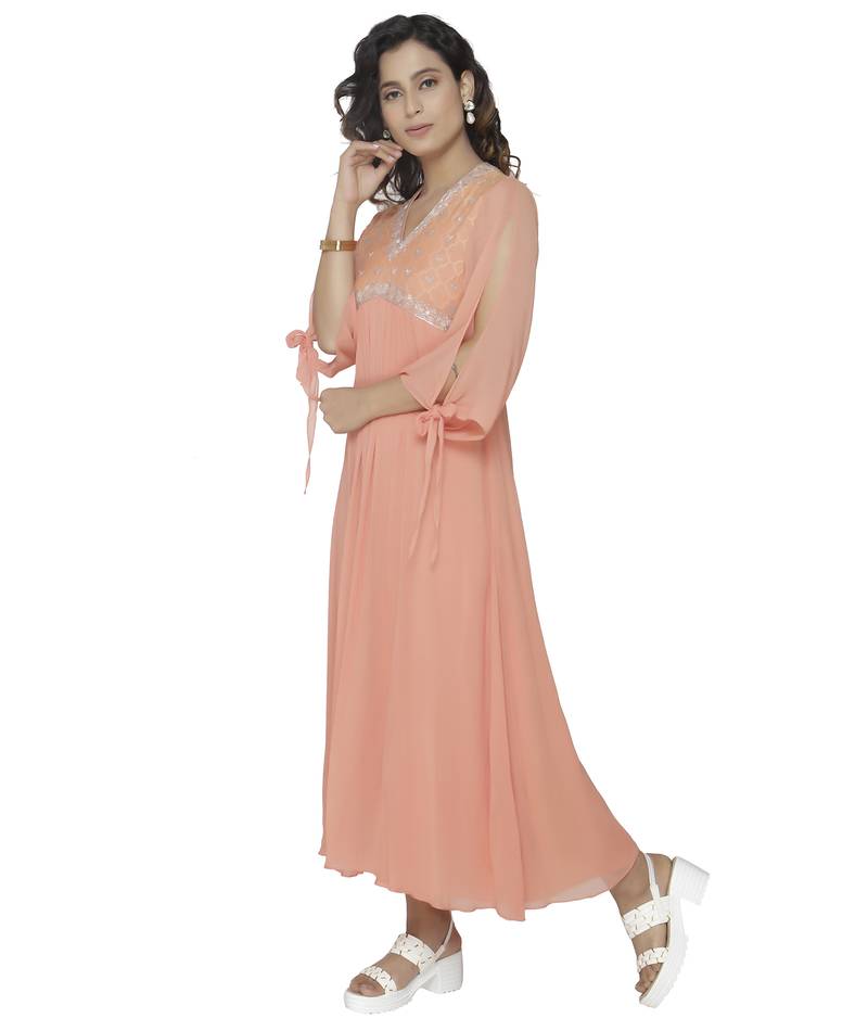 coral embroidred georgette stitched party wear gown