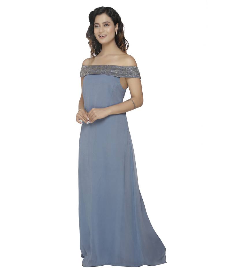 blue embroidred georgette stitched party wear gown