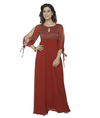 maroon embroidred georgette stitched party wear gown 1