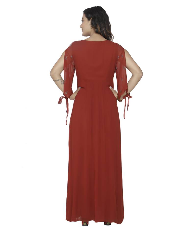 maroon embroidred georgette stitched party wear gown
