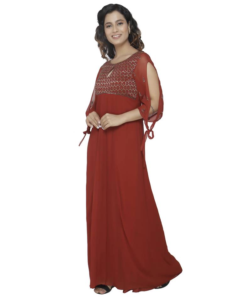 maroon embroidred georgette stitched party wear gown