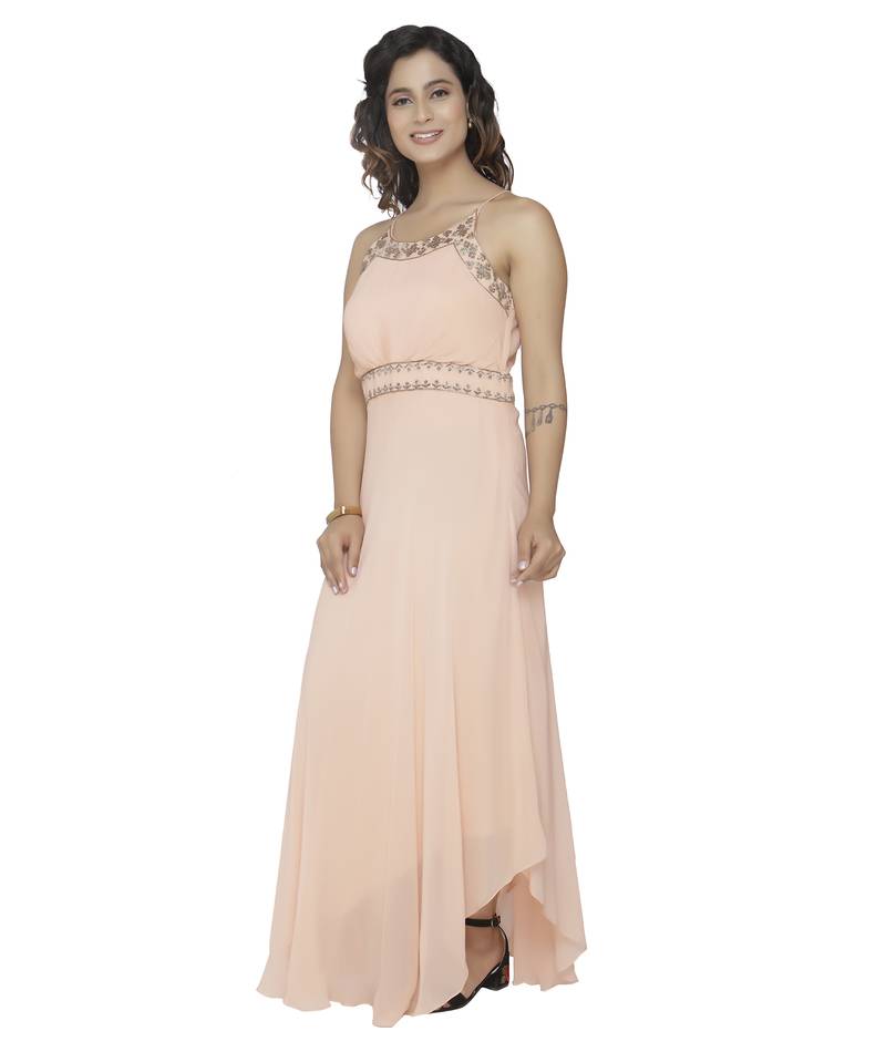 cream embroidred georgette stitched party wear gown
