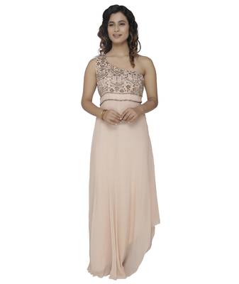 cream embroidred georgette stitched party wear gown 1