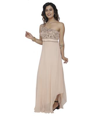 cream embroidred georgette stitched party wear gown 3