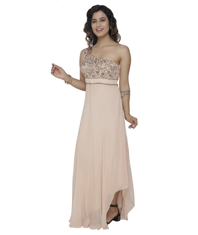 cream embroidred georgette stitched party wear gown