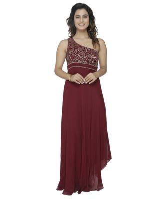 maroon embroidred georgette stitched party wear gown 1