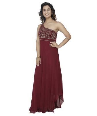 maroon embroidred georgette stitched party wear gown 3