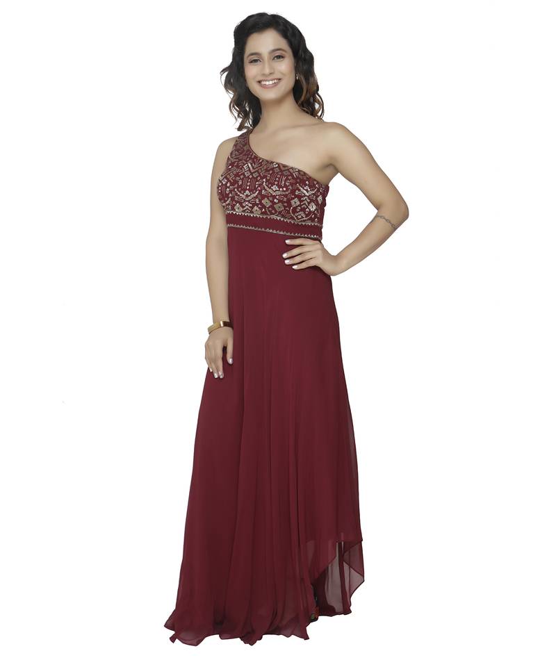 maroon embroidred georgette stitched party wear gown