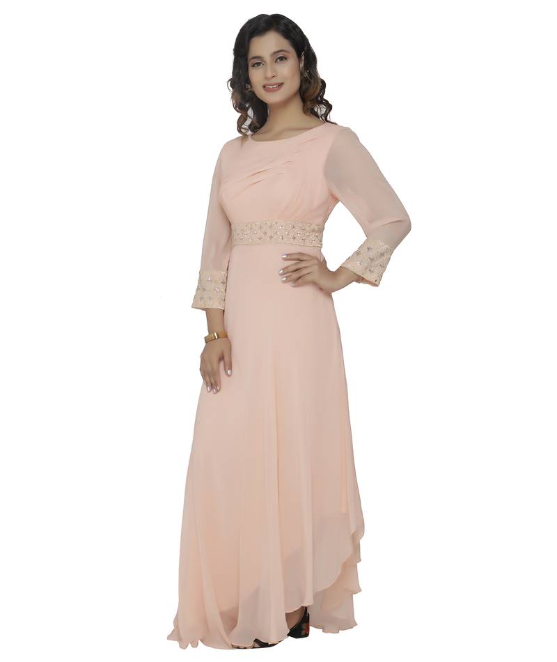 peach embroidred georgette stitched party wear gown