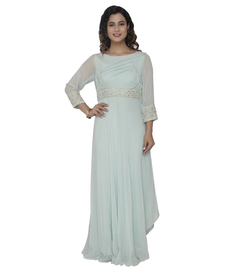 bsea green embroidred georgette stitched party wear gown