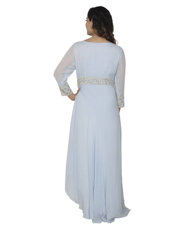 turquoise embroidred georgette stitched party wear gown