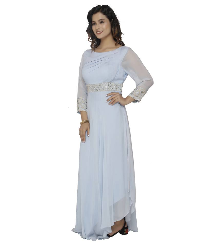 turquoise embroidred georgette stitched party wear gown