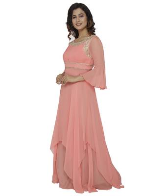 peach embroidred georgette stitched party wear gown 3