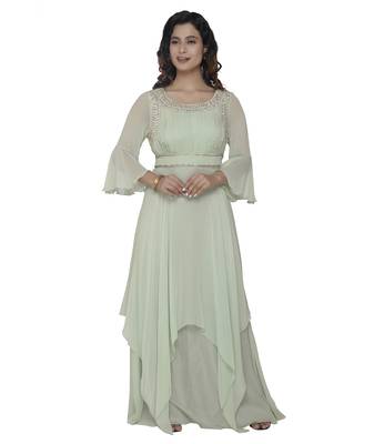 green embroidred georgette stitched party wear gown 1