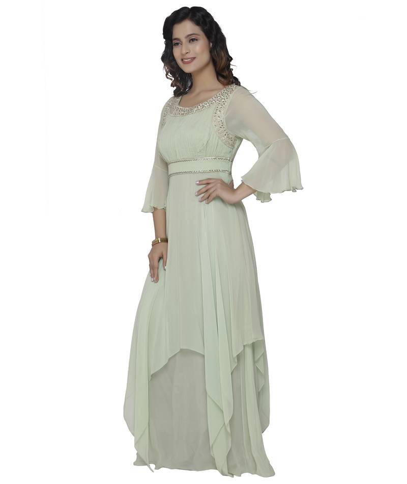 green embroidred georgette stitched party wear gown