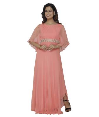 coral embroidred georgette stitched party wear gown 1