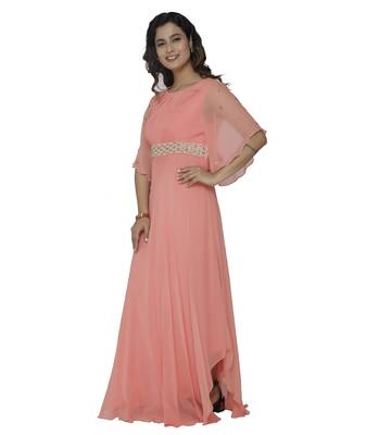 coral embroidred georgette stitched party wear gown 3