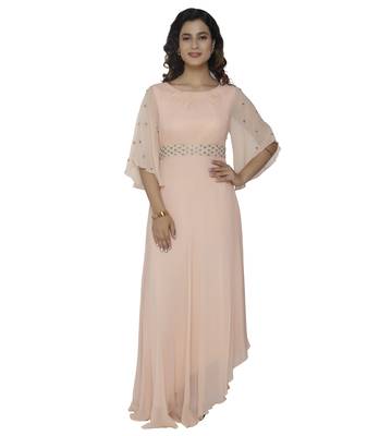 cream embroidred georgette stitched party wear gown 1
