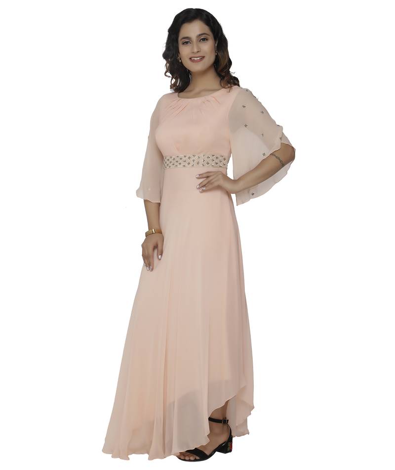 cream embroidred georgette stitched party wear gown