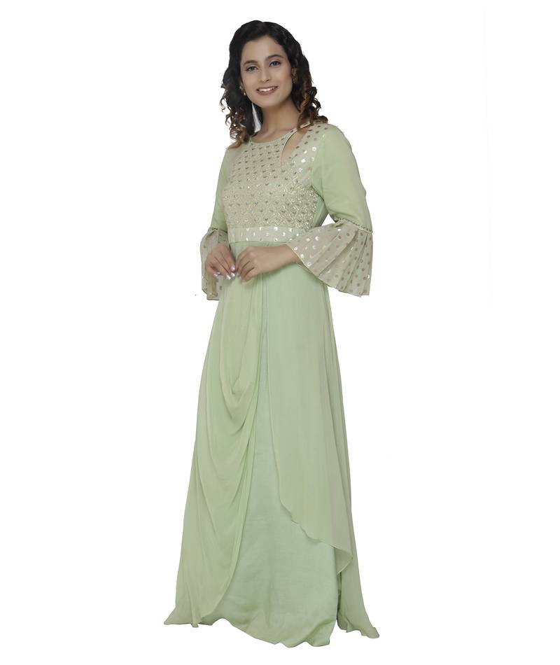 green embroidred georgette stitched party wear gown
