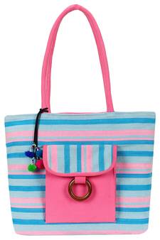Anekaant Striped Pink and Blue Cotton Tote Bag