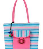 Anekaant Striped Pink and Blue Cotton Tote Bag