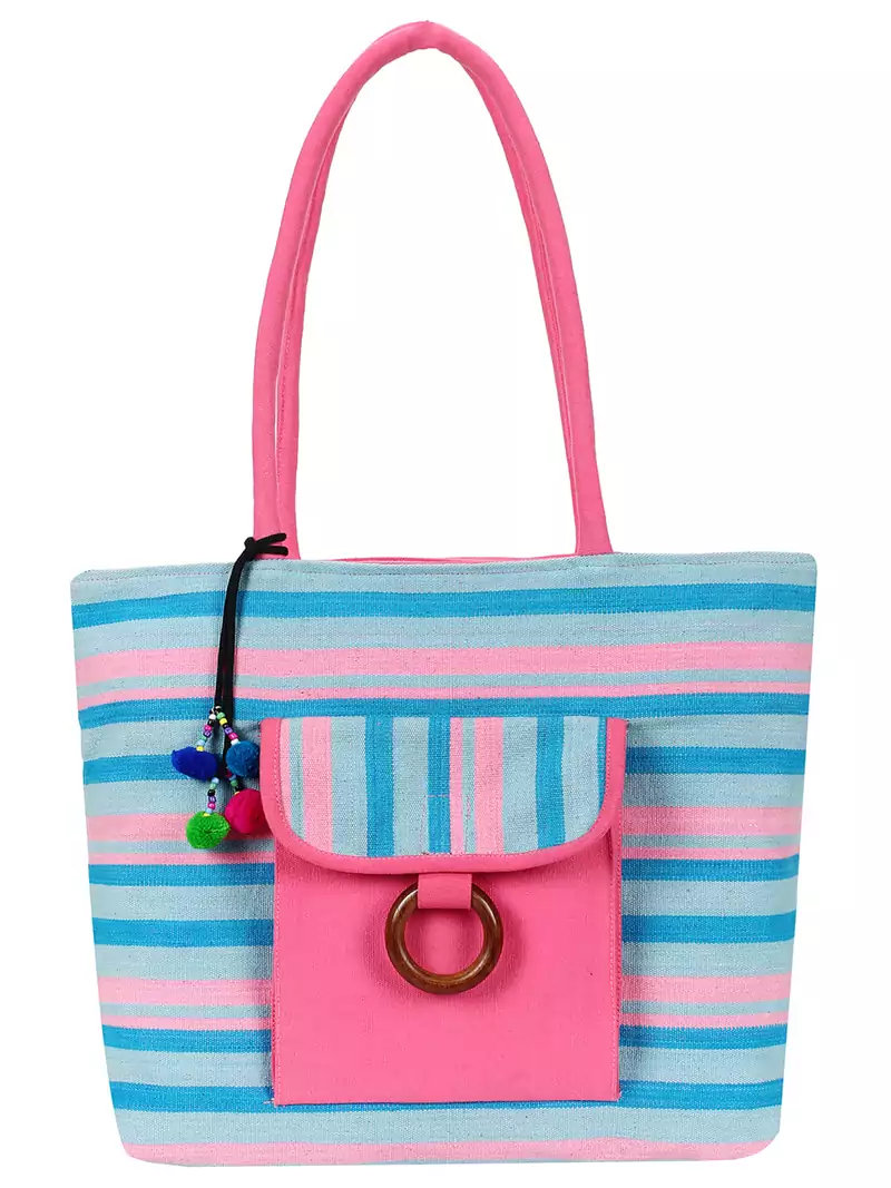 Anekaant Striped Pink and Blue Cotton Tote Bag