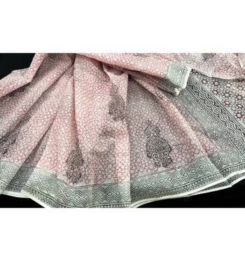 White Block Printed Cotton Kotadoria Saree Without Blouse Piece 1