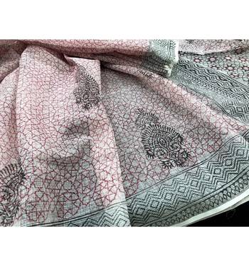 White Block Printed Cotton Kotadoria Saree Without Blouse Piece 3