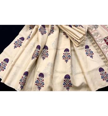 Cream Block Printed Tussar Silk Saree Without Blouse 1