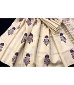 Cream Block Printed Tussar Silk Saree Without Blouse