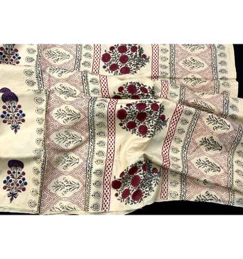 Cream Block Printed Tussar Silk Saree Without Blouse 2