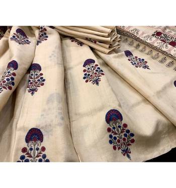 Cream Block Printed Tussar Silk Saree Without Blouse 3