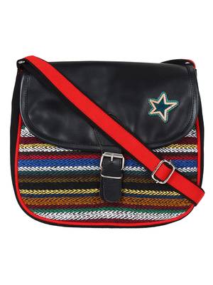 Anekaant Swanky Black and Multicoloured Cotton Jacquard and Leatherette Sling Bag 1