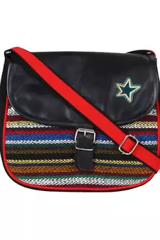 Anekaant Swanky Black and Multicoloured Cotton Jacquard and Leatherette Sling Bag