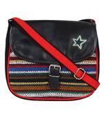 Anekaant Swanky Black and Multicoloured Cotton Jacquard and Leatherette Sling Bag