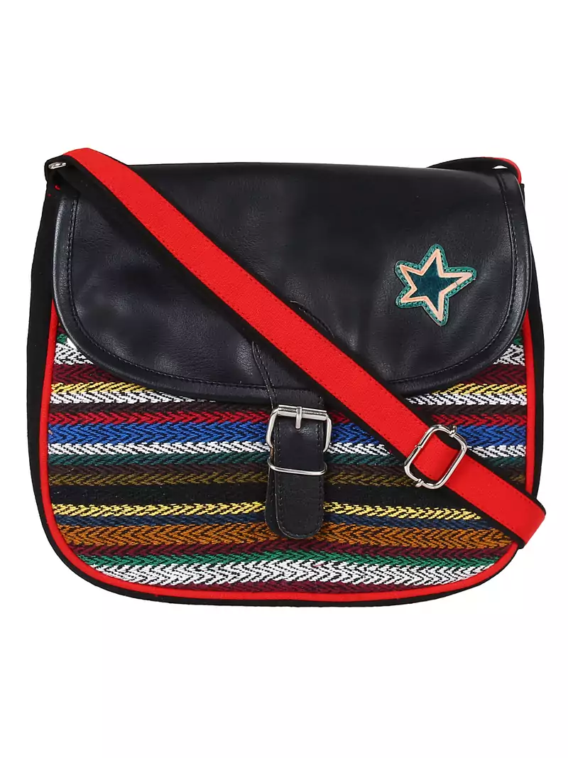 Anekaant Swanky Black and Multicoloured Cotton Jacquard and Leatherette Sling Bag