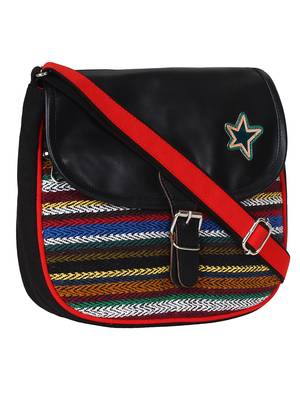 Anekaant Swanky Black and Multicoloured Cotton Jacquard and Leatherette Sling Bag 2