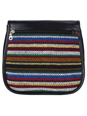 Anekaant Swanky Black and Multicoloured Cotton Jacquard and Leatherette Sling Bag 3