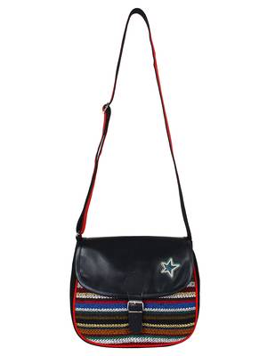 Anekaant Swanky Black and Multicoloured Cotton Jacquard and Leatherette Sling Bag 4
