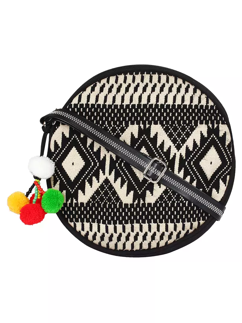 Anekaant Discoid Black and Off White Cotton Jacquard Sling Bag