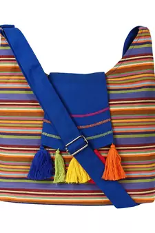 Anekaant Fringed Blue and Multicoloured Striped Cotton Sling Bag